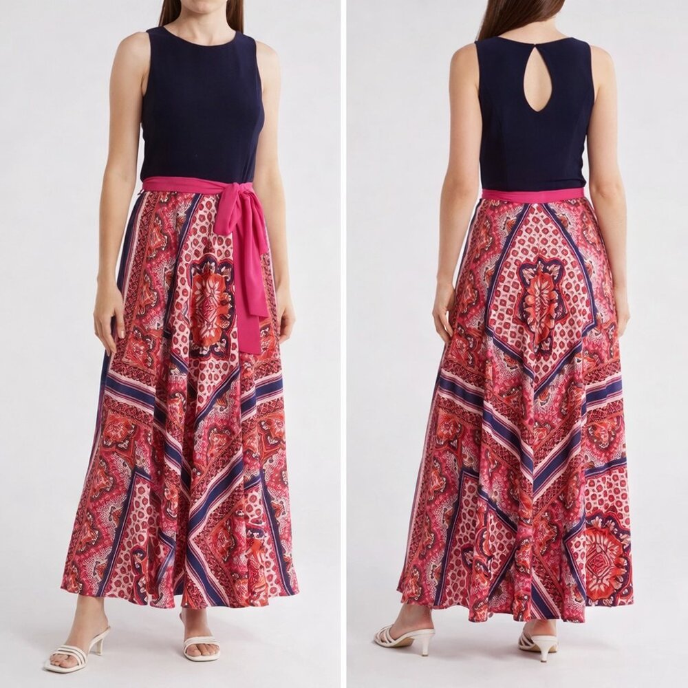 ELIZA J Navy Blue Pink Bandana Scarf Print Maxi Belted Tie Waist Gown Dress Sz 8